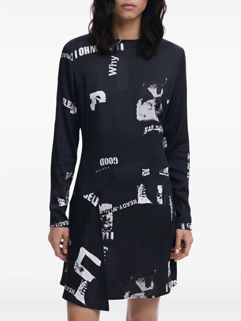 Desigual Newspaper-Print Long Sleeve Black and White Mini Dress